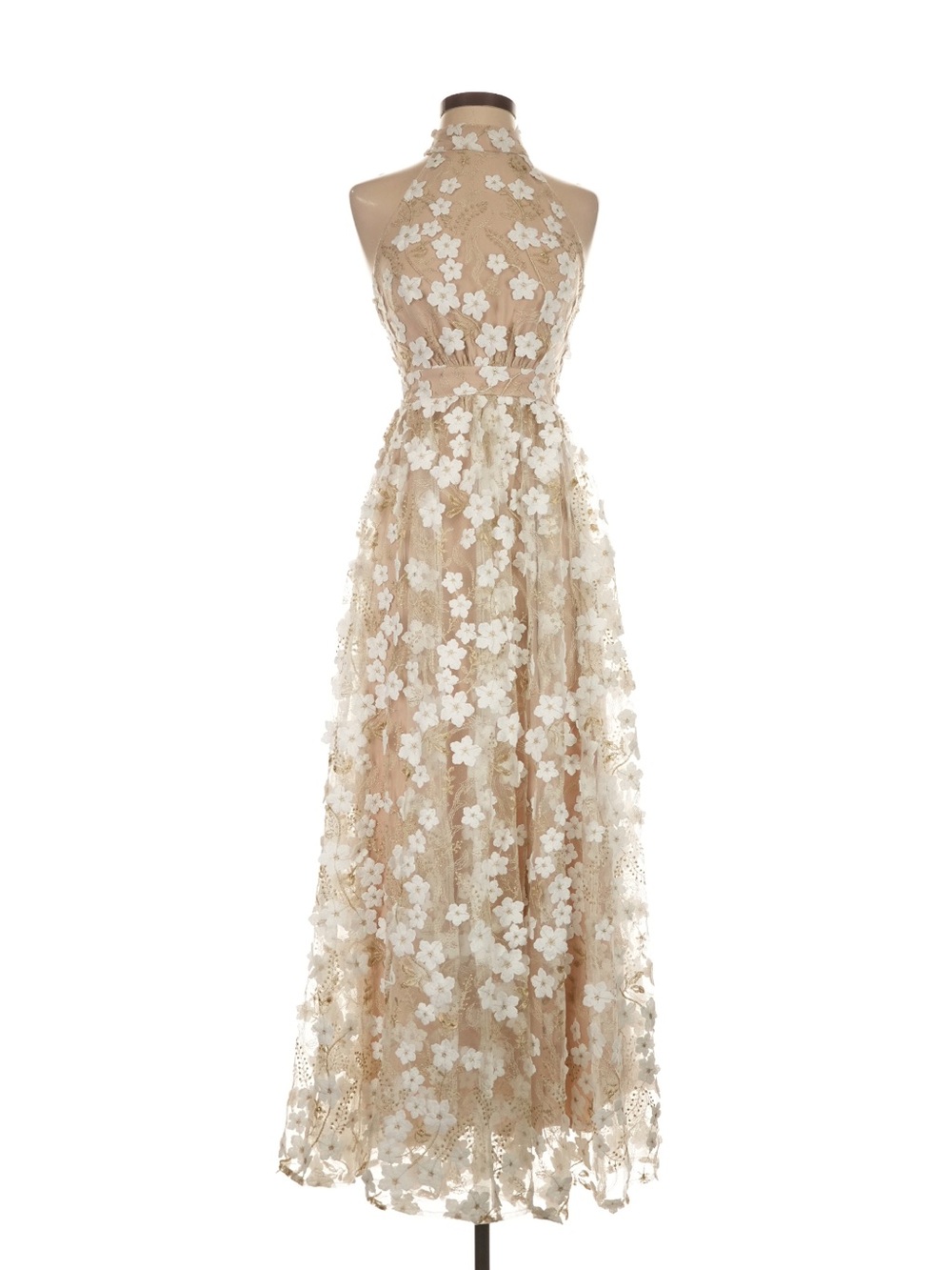 Chelsea 28 Sleeveless Nude Halter Floral Appliqué Maxi Dress